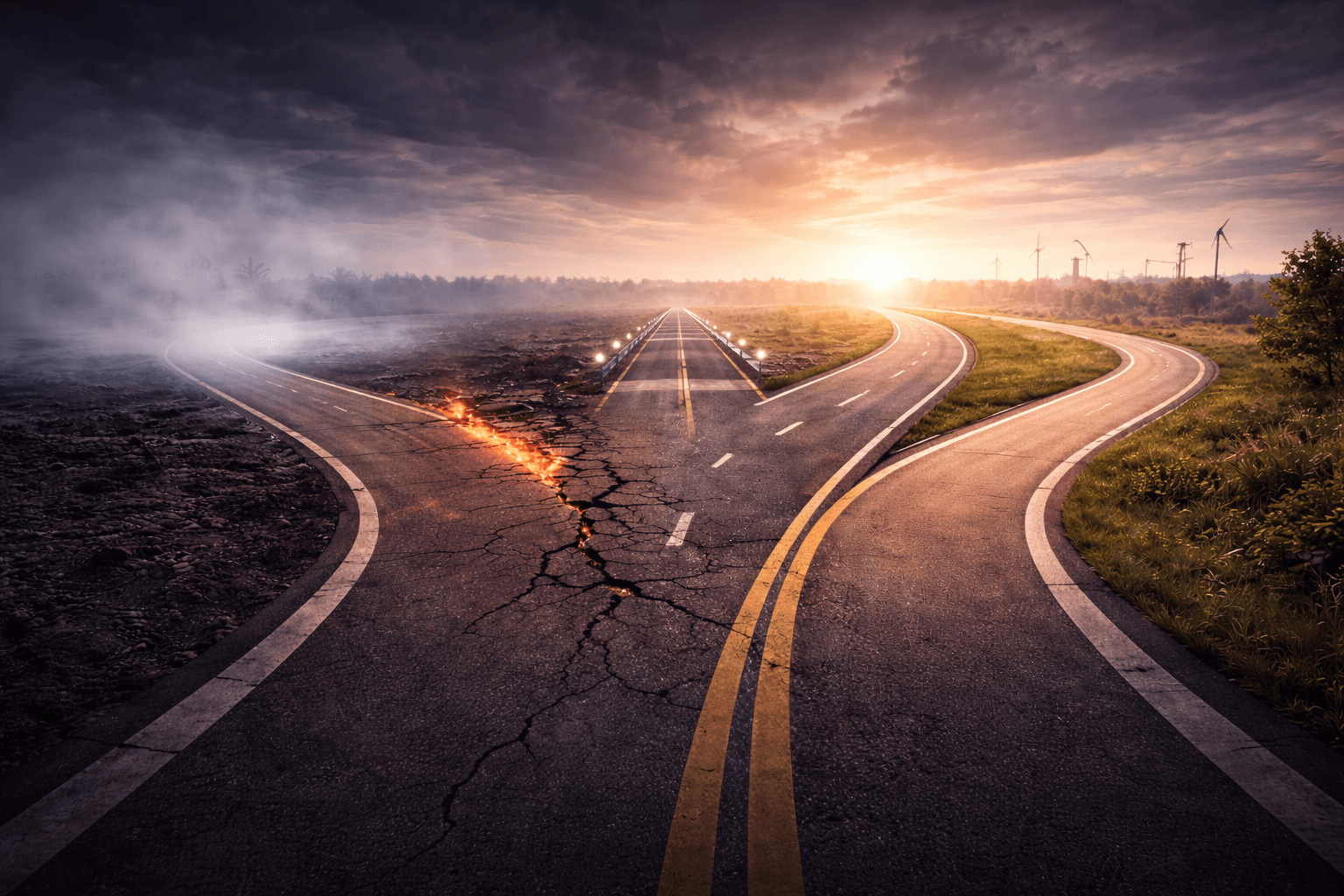A road forking into divergent paths under a stormy and a bright sky.