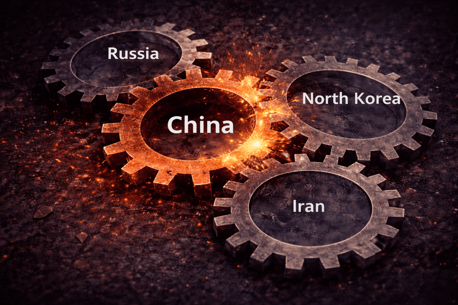 Interlocking gears labeled Russia, China, North Korea, and Iran — the Kremlin's “Unholy Alliance.”