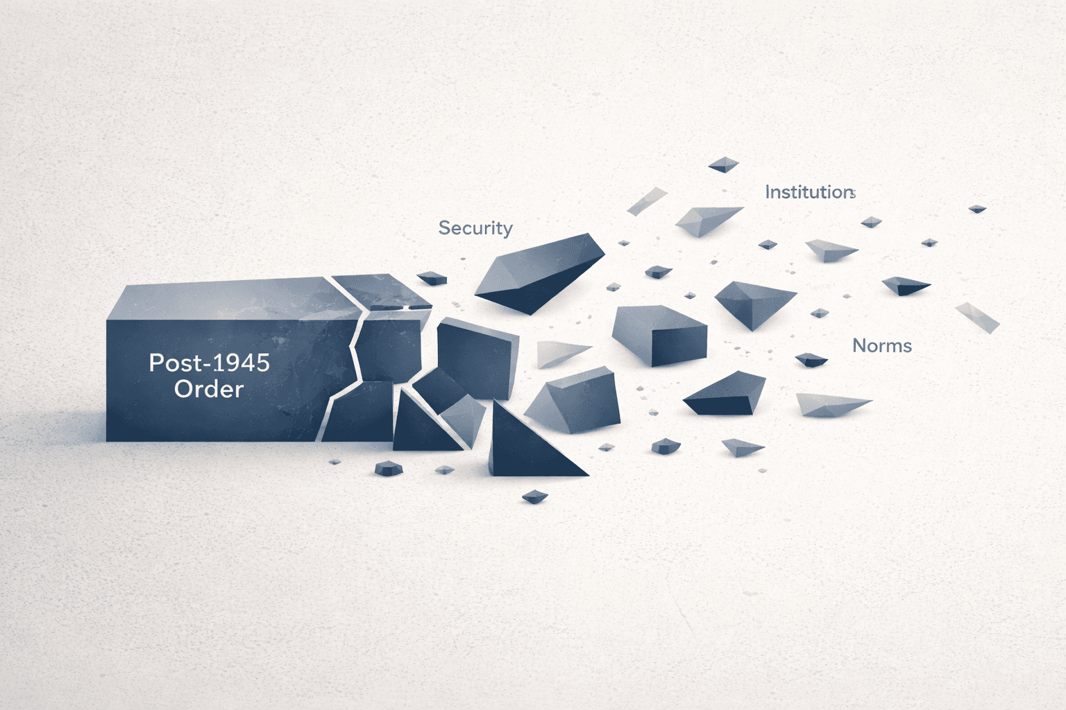 The post-1945 order shattering into fragments labeled Security, Institutions, and Norms.